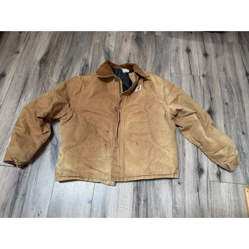 Carhartt Mens Brown Duck Arctic Quilted Lined Jacket Corduroy Collar Grunge Fadi